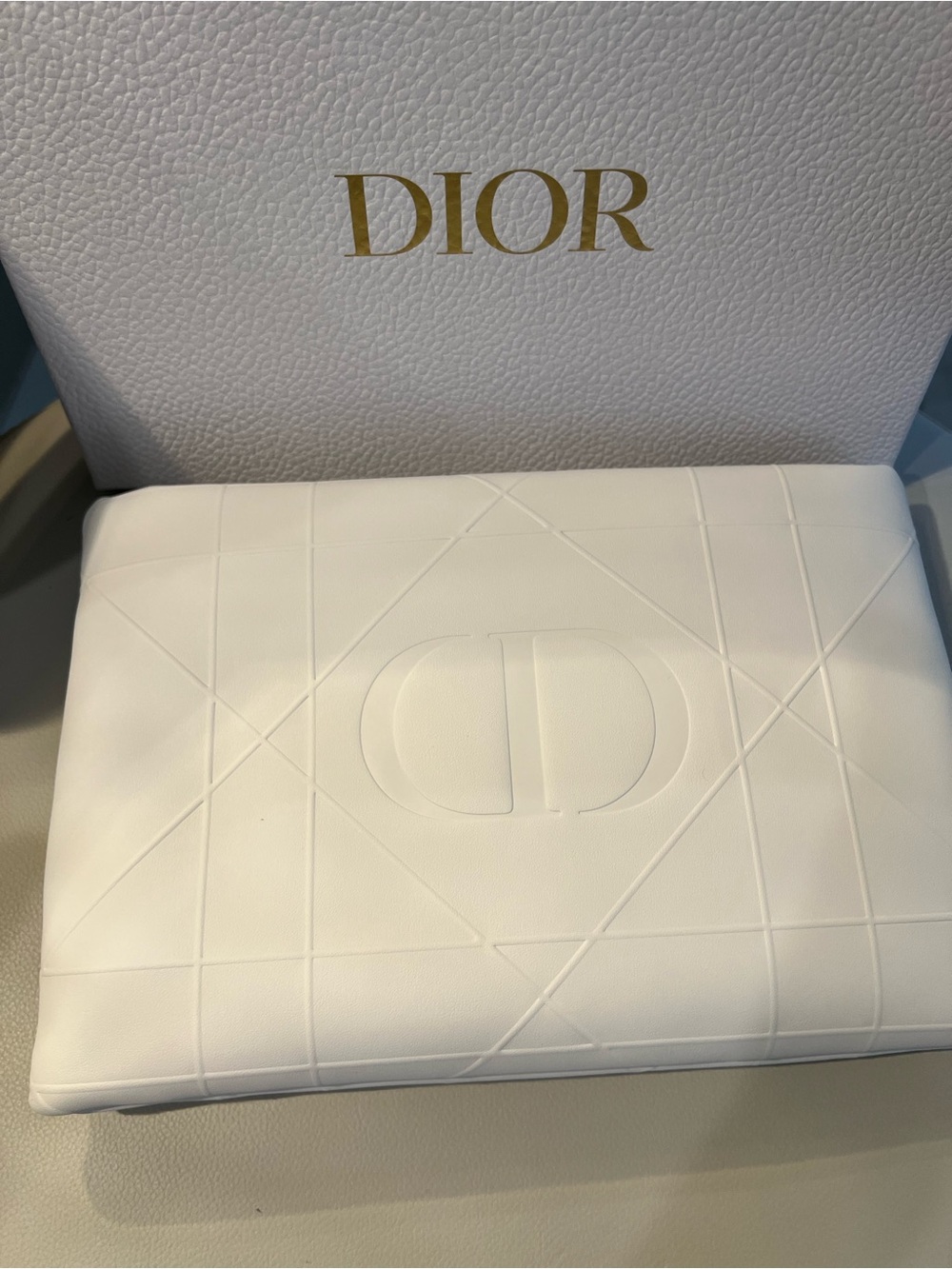 NIB Dior Large White Embossed Cushioned Leather-like Clutch Purse W/ Gift Box